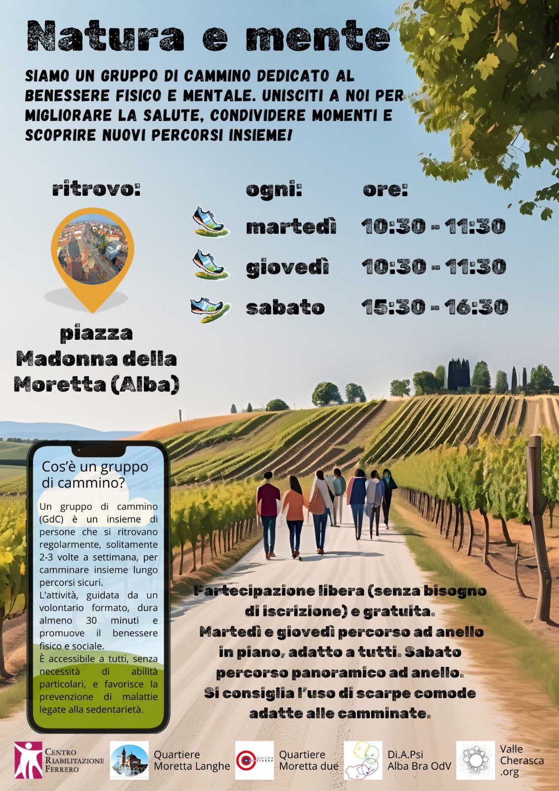 Locandina orario da settembre 2026 del gruppo di cammino Natura e Mente ad Alba, ritrovo in piazza Madonna della Moretta